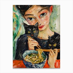 Portrait Of A Woman With Cats Eating Ramen 2 Canvas Print