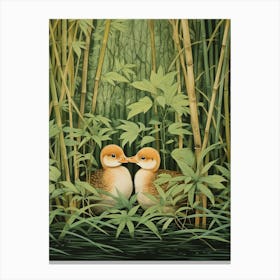 Ducklings In The Leaves Japanese Woodblock Style 1 Canvas Print