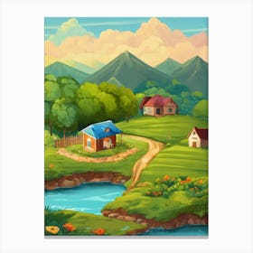 Landscape With Houses And River Wall Art For Living Room Canvas Print