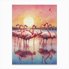 Flamingos At Sunset Canvas Print