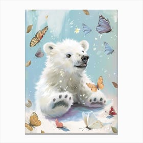 Polar Bear Cub Playing With Butterflies Storybook Illustration 2 Canvas Print