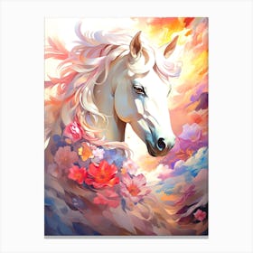 White Horse With Flowers Canvas Print