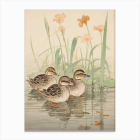 Ducklings Japanese Woodblock Style 4 Canvas Print