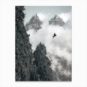 Eagle Flies Between Clouds And Rocks Oil Painting Landscape Canvas Print