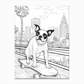 Boston Terrier Dog Skateboarding Line Art 2 Canvas Print