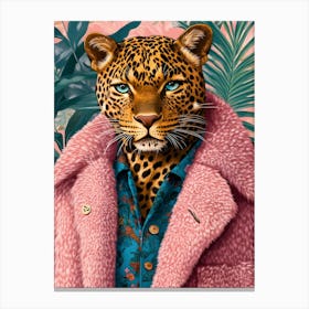 Leopard In Pink Fur Coat Canvas Print