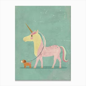 Pastel Storybook Style Unicorn Walking A Dog 2 Canvas Print