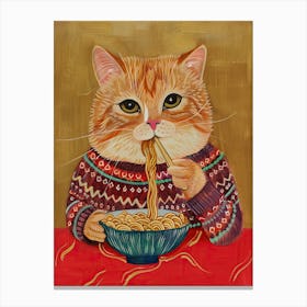 Cute Brown White Cat Eating Pasta Folk Illustration 3 Canvas Print