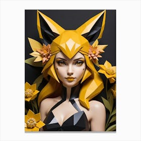 Low Poly Floral Fox Girl, Black And Yellow (28) Canvas Print