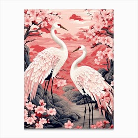 Cherry Blossom And Cranes 2 Vintage Japanese Botanical Canvas Print