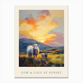 Scottish Highlands Cow & Calf At Sunset Canvas Print