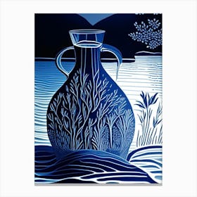 Water In Glass Jug Waterscape Linocut 1 Canvas Print
