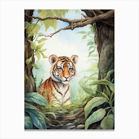 Tiger Illustration Birdwatching Watercolour 4 Canvas Print