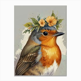 Robin With Flower Crown Style Watercolor Canvas Print