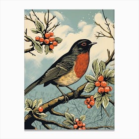 Vintage Bird Linocut Robin 2 Canvas Print