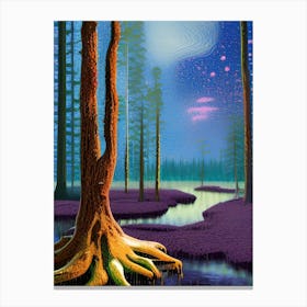 Artwork Outdoors Night Trees Setting Scene Forest Woods Light Moonlight Nature Canvas Print