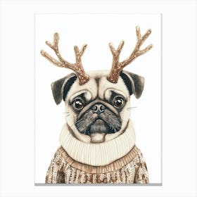 Pug In Christmas Jumper And Reindeer Antlers Neutral Canvas Print