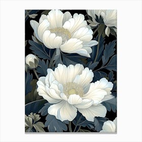 White Peonies On Black Background Canvas Print