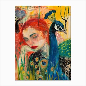 Peacock & Red Haired Woman Mixed Media Canvas Print