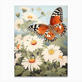 Butterfly With The Daisies Japanese Style Painting Canvas Print