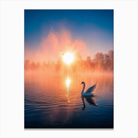 8k Photograph Capturing The Enchanting Sight Of A Swan Wings Outstretched Over A Fog Enshrouded Bl Canvas Print