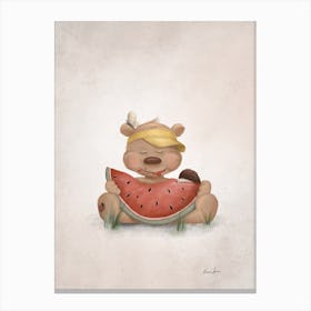 Animal Friends Bear With Watermelon Canvas Print