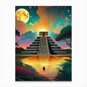 Chichen Itza - Mayan Aztec Pyramid Mexican Temple - Moon Sun Eclipse Fantasy Fractals Psychedelic Chichén Itzá Cityscapes Wall Art Meditation Yoga Room Decor Mandala Canvas Print