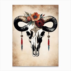 Vintage Boho Bull Skull Flowers Painting (7) Canvas Print