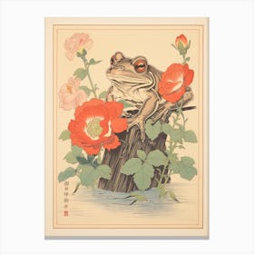 Frog And Flowers, Matsumoto Hoji Inspired Japanese Woodblock 4 Canvas Print