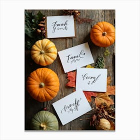 Assortment Of Wooden Thanksgiving Cards Arranged On A Rustic Wooden Table Backs Turned Towards The (7) Canvas Print