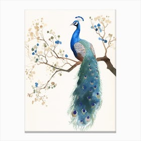 Peacock On A Tree Branch Watercolour 2 Canvas Print