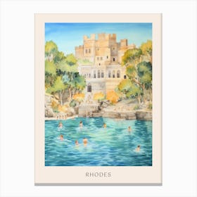 Swimming In Rhodes Greece 2 Watercolour Poster Canvas Print