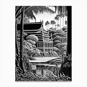 Suan Nong Nooch, 1, Thailand Linocut Black And White Vintage Canvas Print