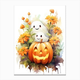 Cute Ghost With Pumpkins Halloween Watercolour 89 Canvas Print