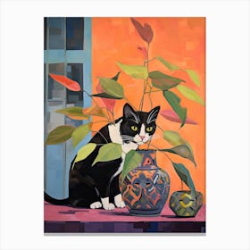 Sweet Pea Flower Vase And A Cat, A Painting In The Style Of Matisse 3 Canvas Print