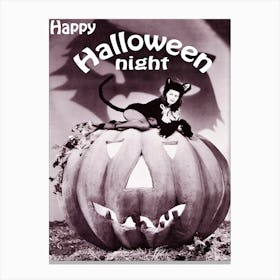 Happy Halloween Night, Pinup Cat Girl On A Big Pumpkin Canvas Print