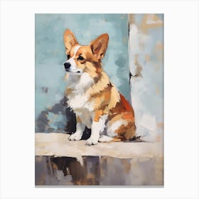 Corgi Dog, Painting In Light Teal And Brown 3 Canvas Print