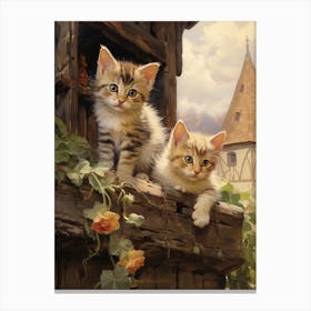 Cute Cats With A Medieval Cottage In The Background 2 Canvas Print