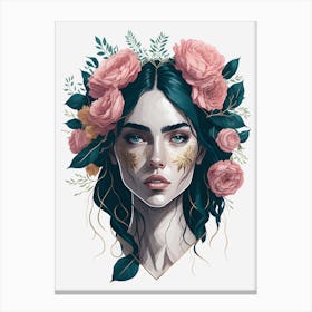 Beautiful Woman Portrait Floral Pink Painting (20) Canvas Print