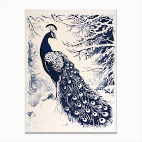 White & Blue Linocut Peacock Snow Scene Canvas Print