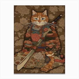 Cute Samurai Cat In The Style Of William Morris 12 Canvas Print