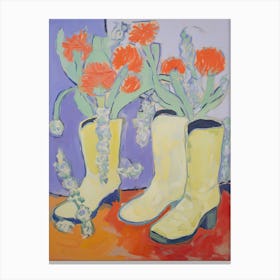 Painting Of Orange Flowers And Cowboy Boots, Oil Style 3 Canvas Print