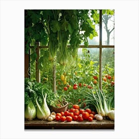 A Tranquil Domestic Garden Overflowing With Vibrant Vegetables Gleaming Tomatoes Peep From The Le (6) Canvas Print