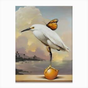 Egret With Butterfly Canvas Print