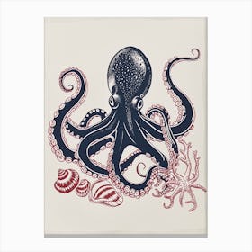 Blue Red Linocut Octopus With Shells 2 Canvas Print