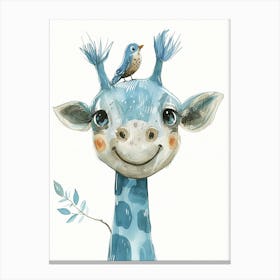 Small Joyful Giraffe With A Bird On Its Head 4 Canvas Print