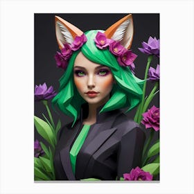 Low Poly Floral Fox Girl, Green (14) Canvas Print
