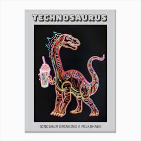 Neon Dinosaur Linework Drinking A Milkshake Poster Canvas Print