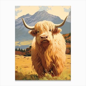 Furry Blonde Highland Cow With The Mountains In The Background Canvas Print