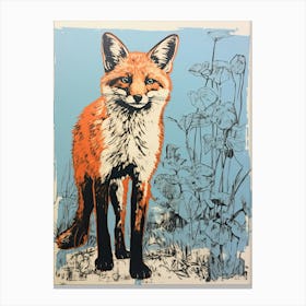 Red Fox, Woodblock Animal Drawing 4 Canvas Print